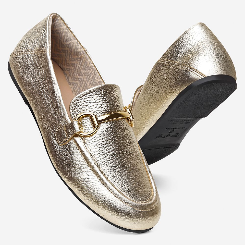 Mocassim Feminino Vittal Aurora em Couro Legítimo Ouro com Fivela Dourada