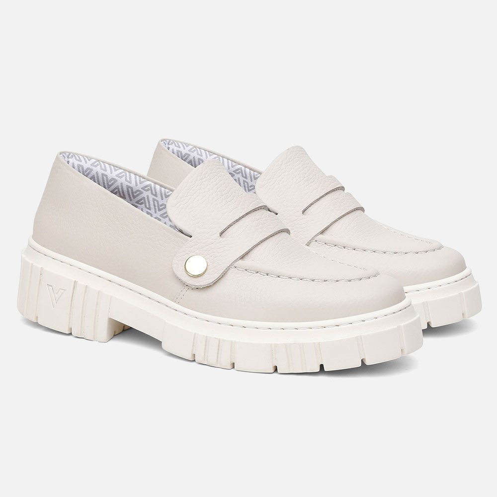 Mocassim Feminino Tratorado Couro OffWhite com 3 Fivelas Removíveis
