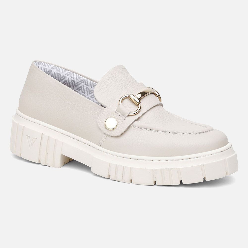 Mocassim Feminino Tratorado Couro OffWhite com 3 Fivelas Removíveis