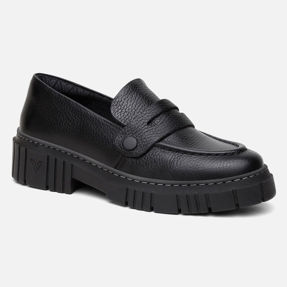 Mocassim Feminino Tratorado Couro Preto com 3 Fivelas Removíveis