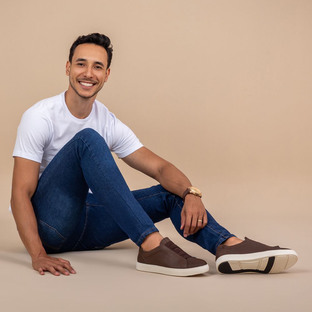 Tênis Casual Masculino Onix Café em Couro Legitimo com Elástico Vittal