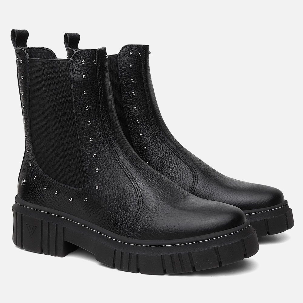 Bota Coturno Feminino Victoria Preto em Couro Vittal Cravejado 