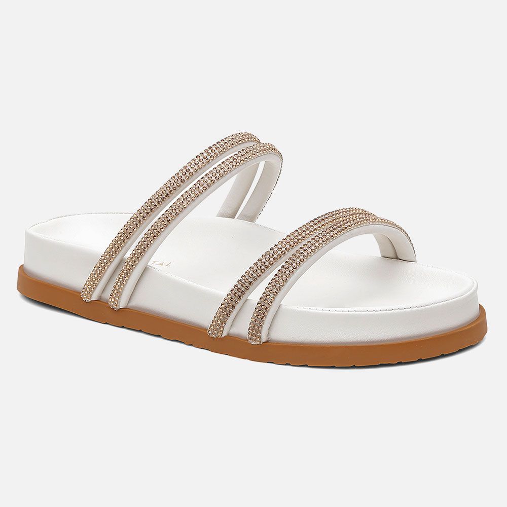 Sandália Papete Vittal OffWhite com Tira de Strass Dourada Solado Confort