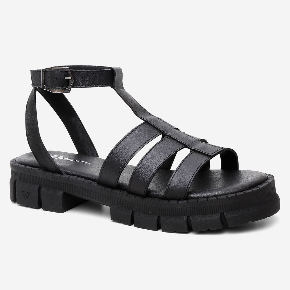 Sandália Feminina Vittal Couro Legítimo Preto Chloe Tratorada Confortável