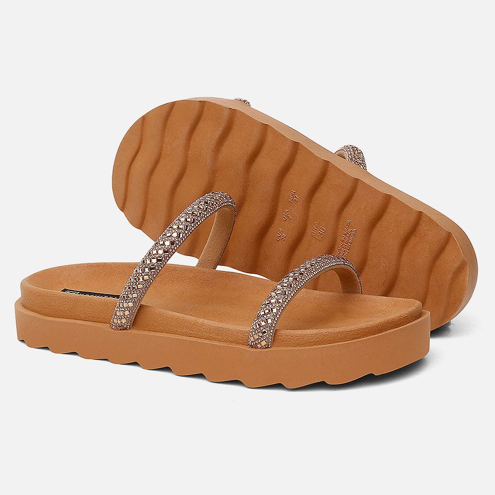 Papete Flat Feminina Marie Caramelo Com Strass Brilho Vittal 