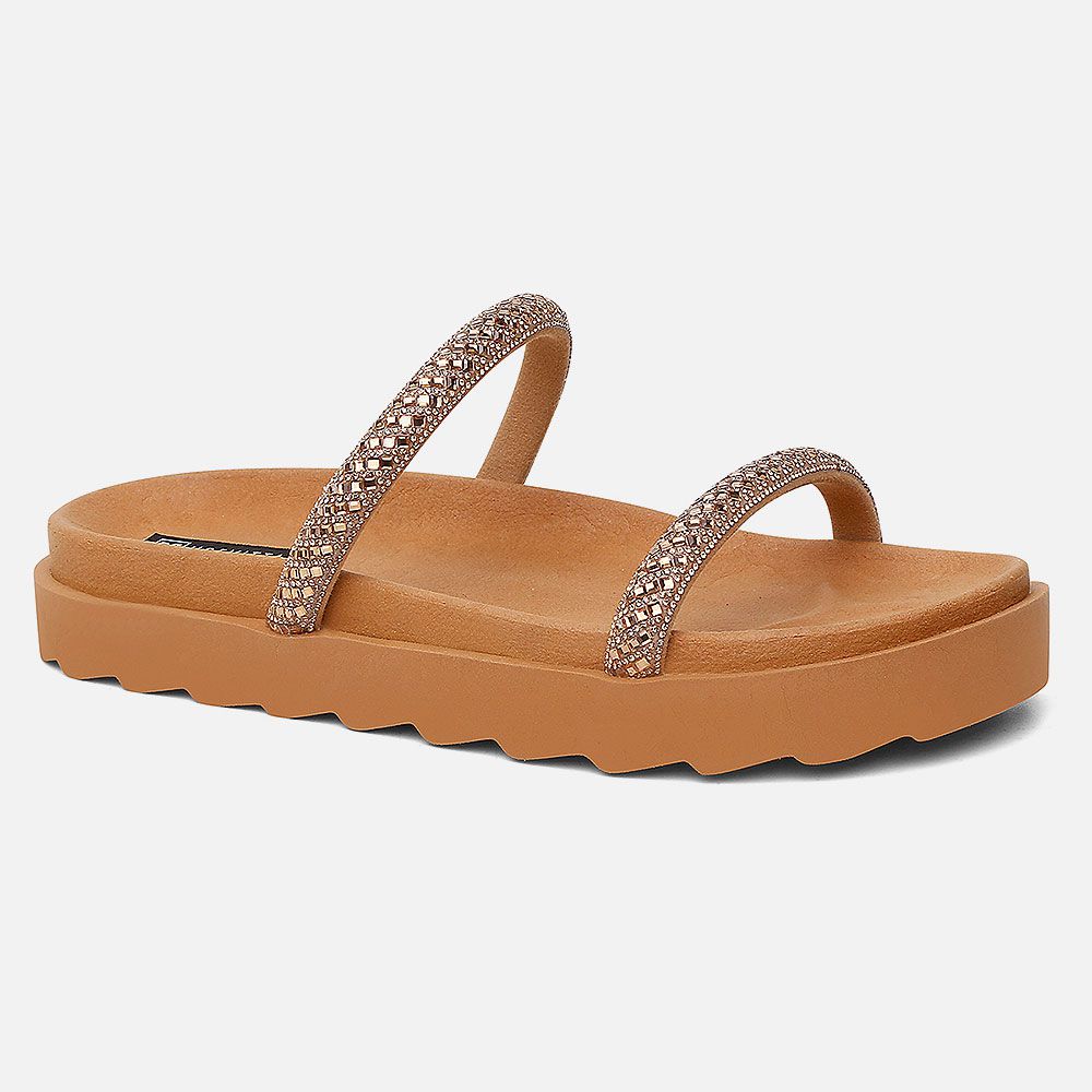 Papete Flat Feminina Marie Caramelo Com Strass Brilho Vittal 