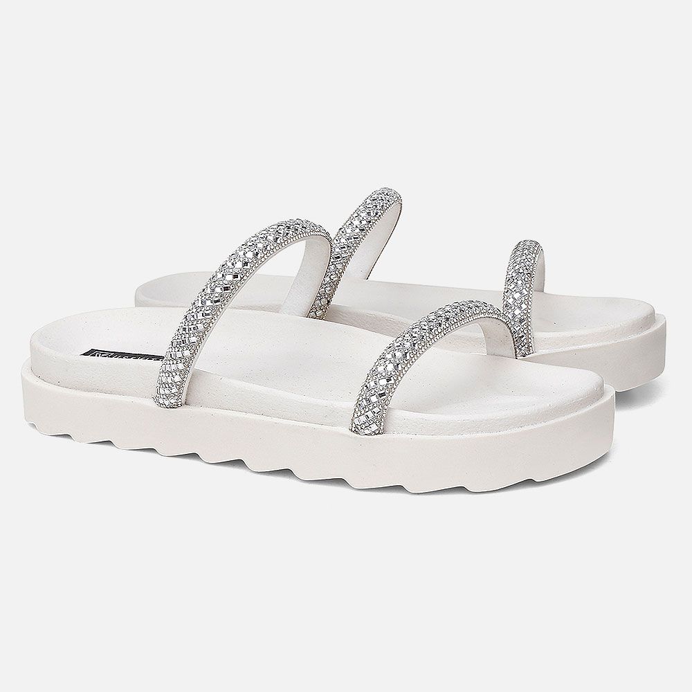 Papete Flat Feminina Marie OffWhite Com Strass Brilho Vittal 