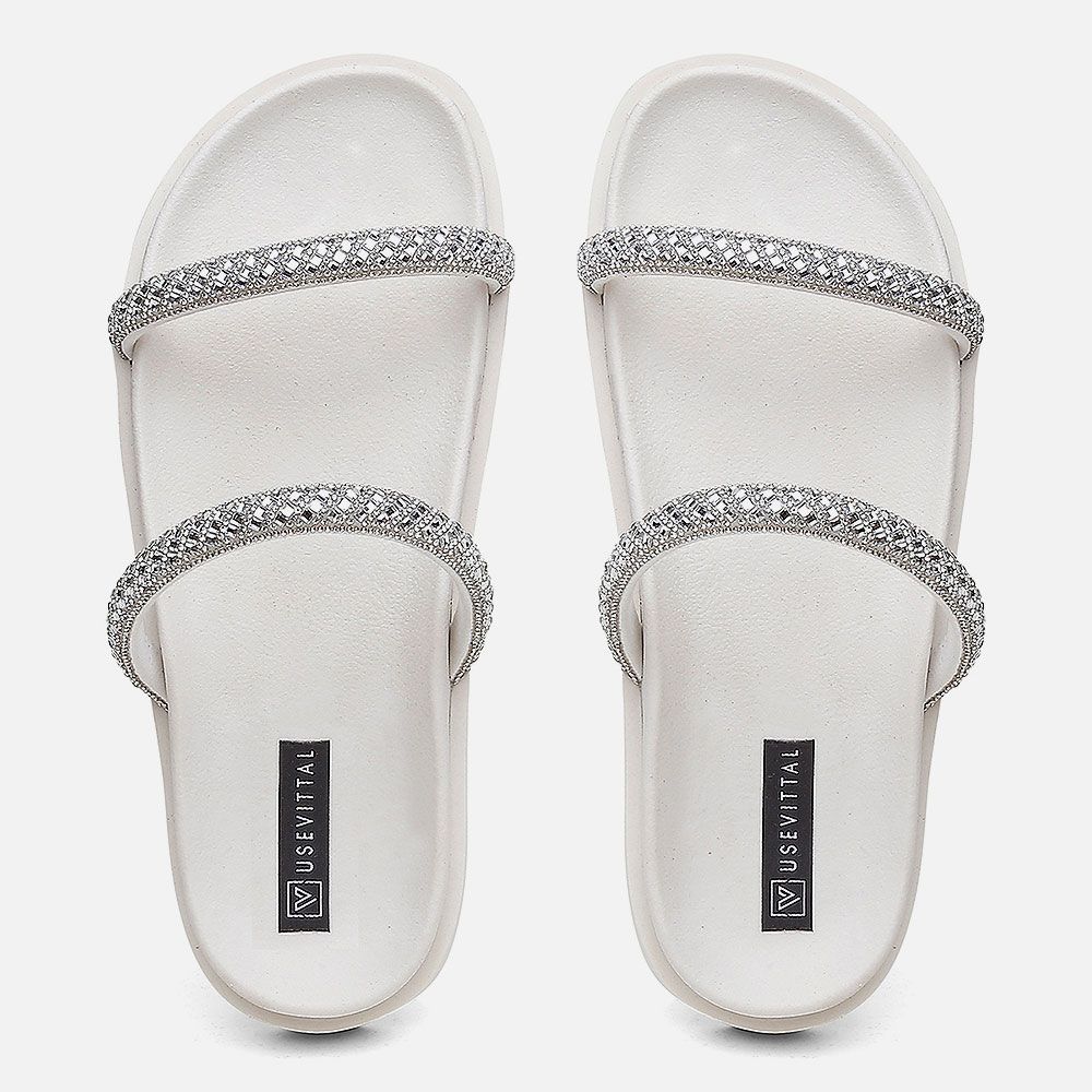 Papete Flat Feminina Marie OffWhite Com Strass Brilho Vittal 