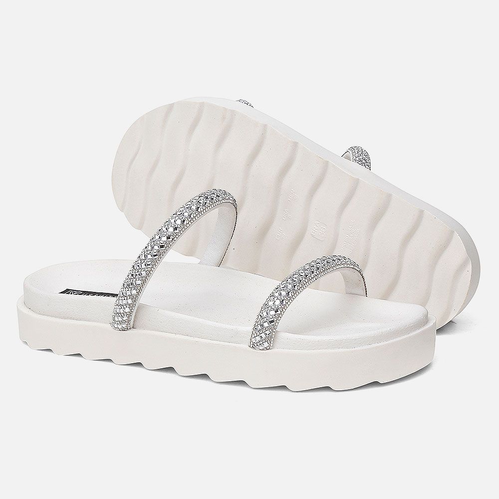 Papete Flat Feminina Marie OffWhite Com Strass Brilho Vittal 