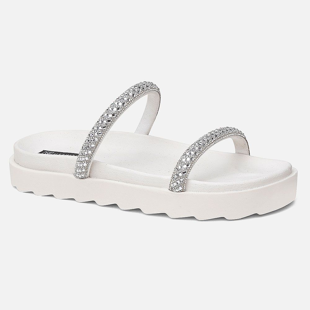 Papete Flat Feminina Marie OffWhite Com Strass Brilho Vittal 