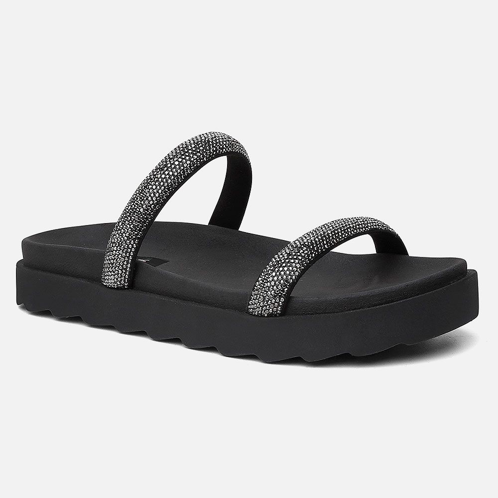 Papete Flat Feminina Marie Preta Com Strass Brilho Vittal 