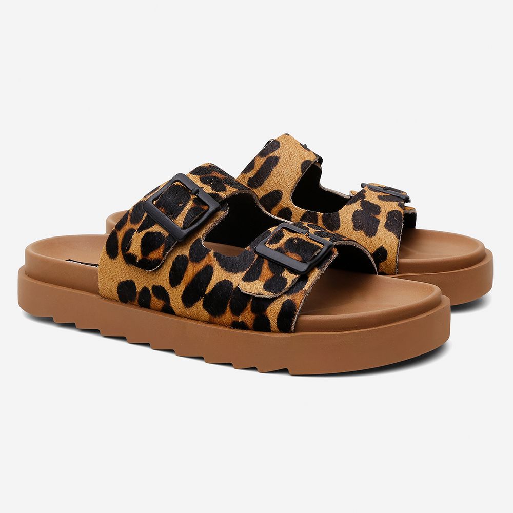 Sandália Papete Vittal Natalie em Couro Legitimo Leopardo e Caramelo