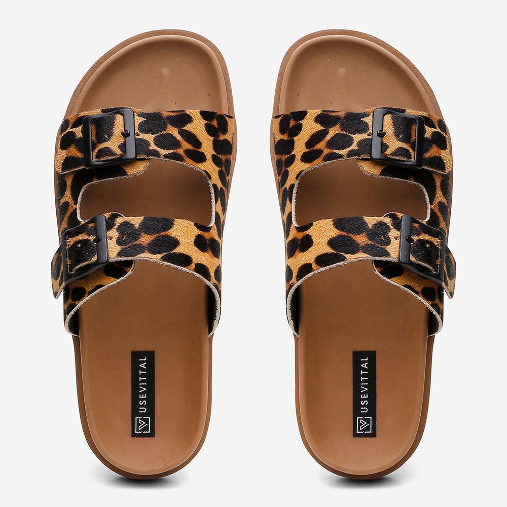 Sandália Papete Vittal Natalie em Couro Legitimo Leopardo e Caramelo
