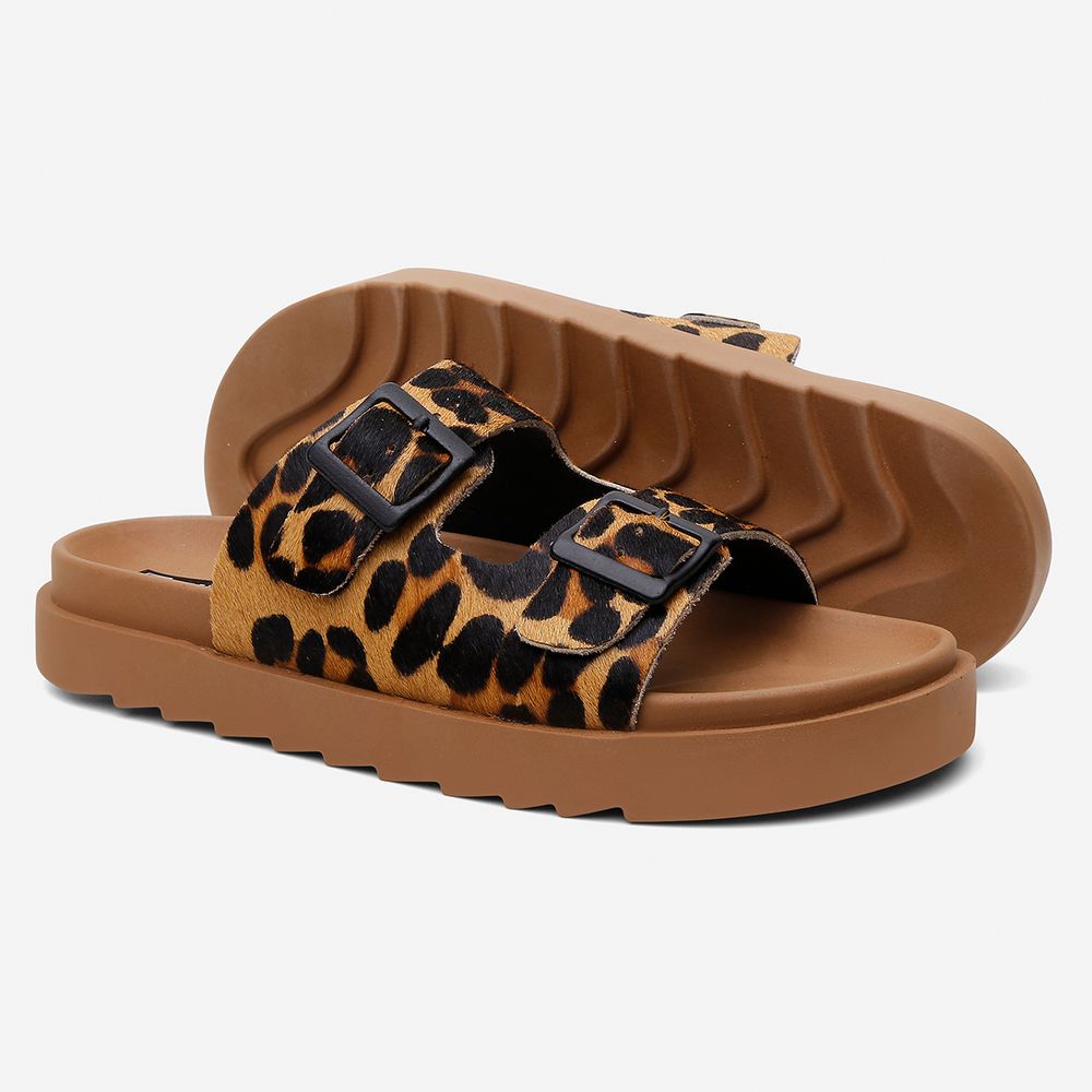 Sandália Papete Vittal Natalie em Couro Legitimo Leopardo e Caramelo