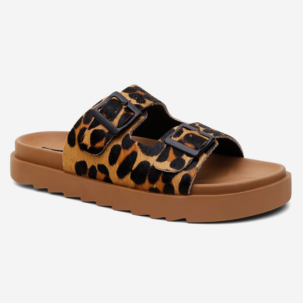 Sandália Papete Vittal Natalie em Couro Legitimo Leopardo e Caramelo