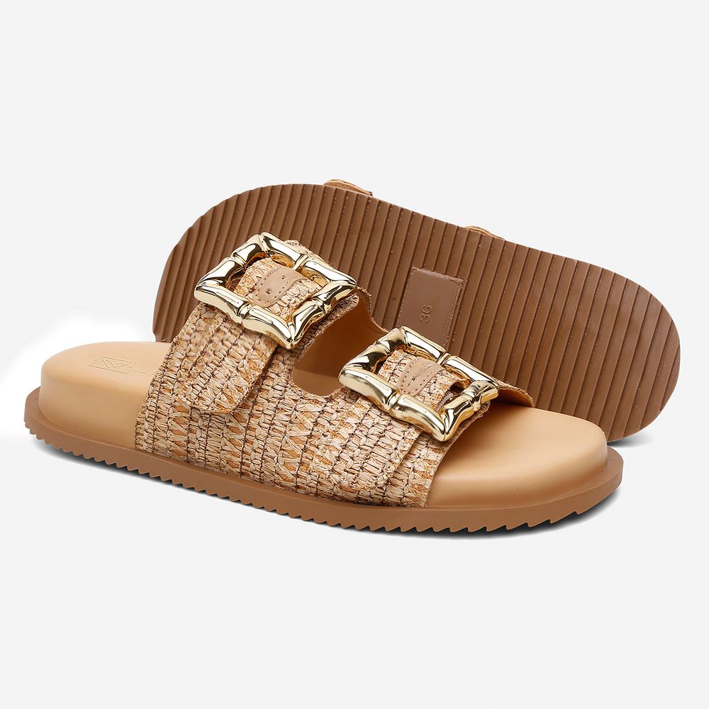 Sandália Papete Feminina Vittal Clara Trama de Palha Creme Fivela Ajustável