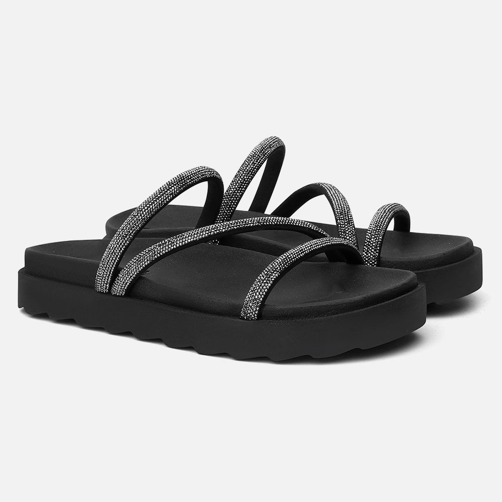 Papete Flat Feminina Amelie Preto Com Strass Brilho Vittal 