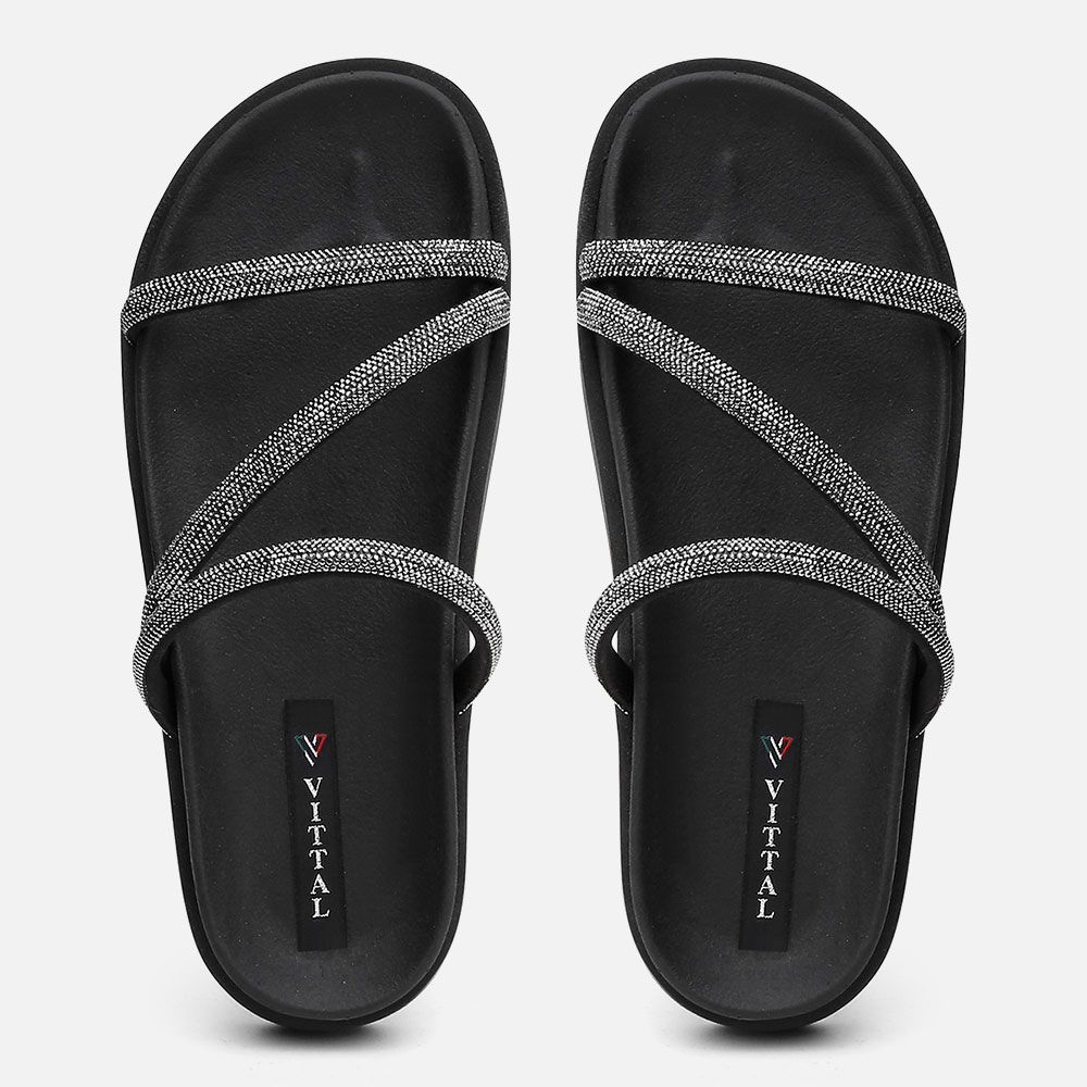 Papete Flat Feminina Amelie Preto Com Strass Brilho Vittal 