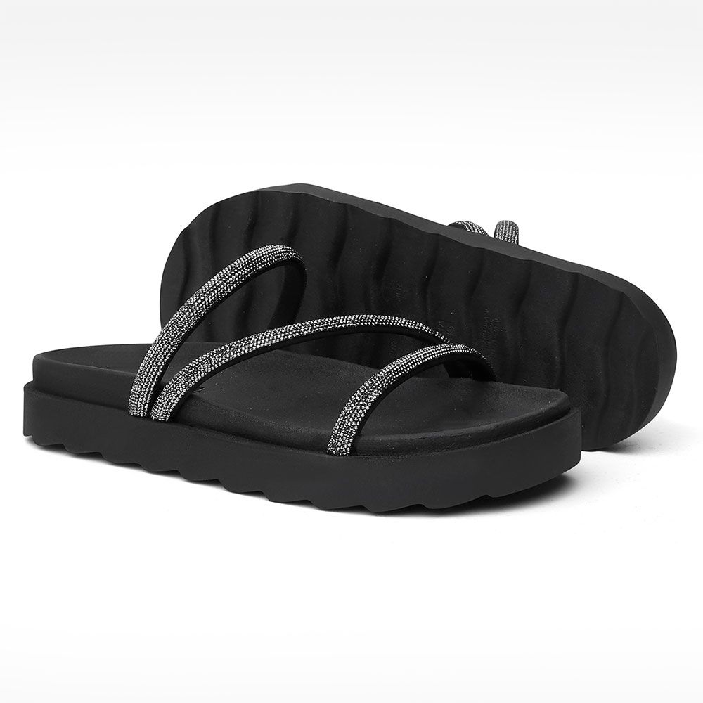 Papete Flat Feminina Amelie Preto Com Strass Brilho Vittal 