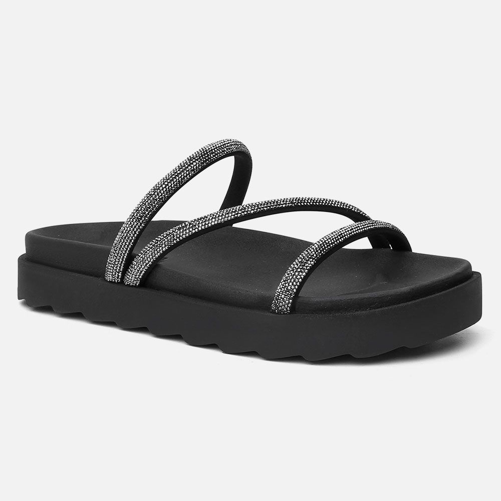 Papete Flat Feminina Amelie Preto Com Strass Brilho Vittal 