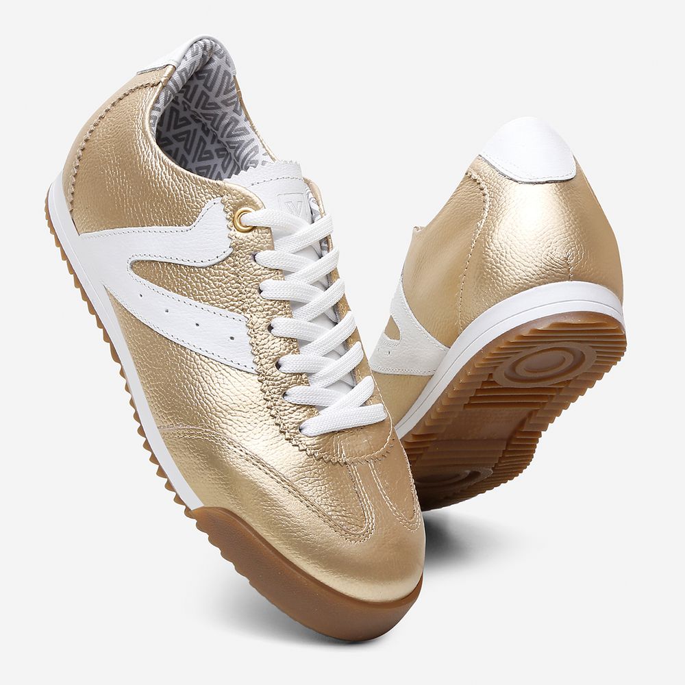 Tênis Feminino Couro Legítimo Naomi Dourado Casual Vittal Clássico Retrô
