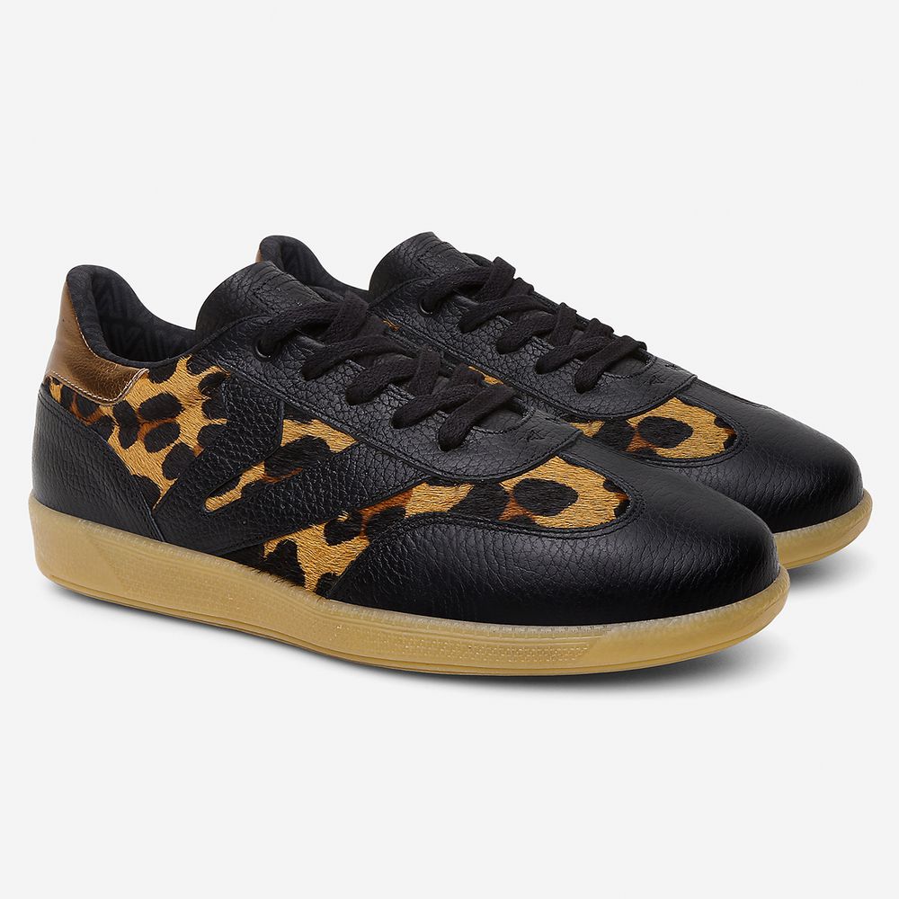 Tênis Feminino Em Couro Vittal Estela Preto e Leopardo