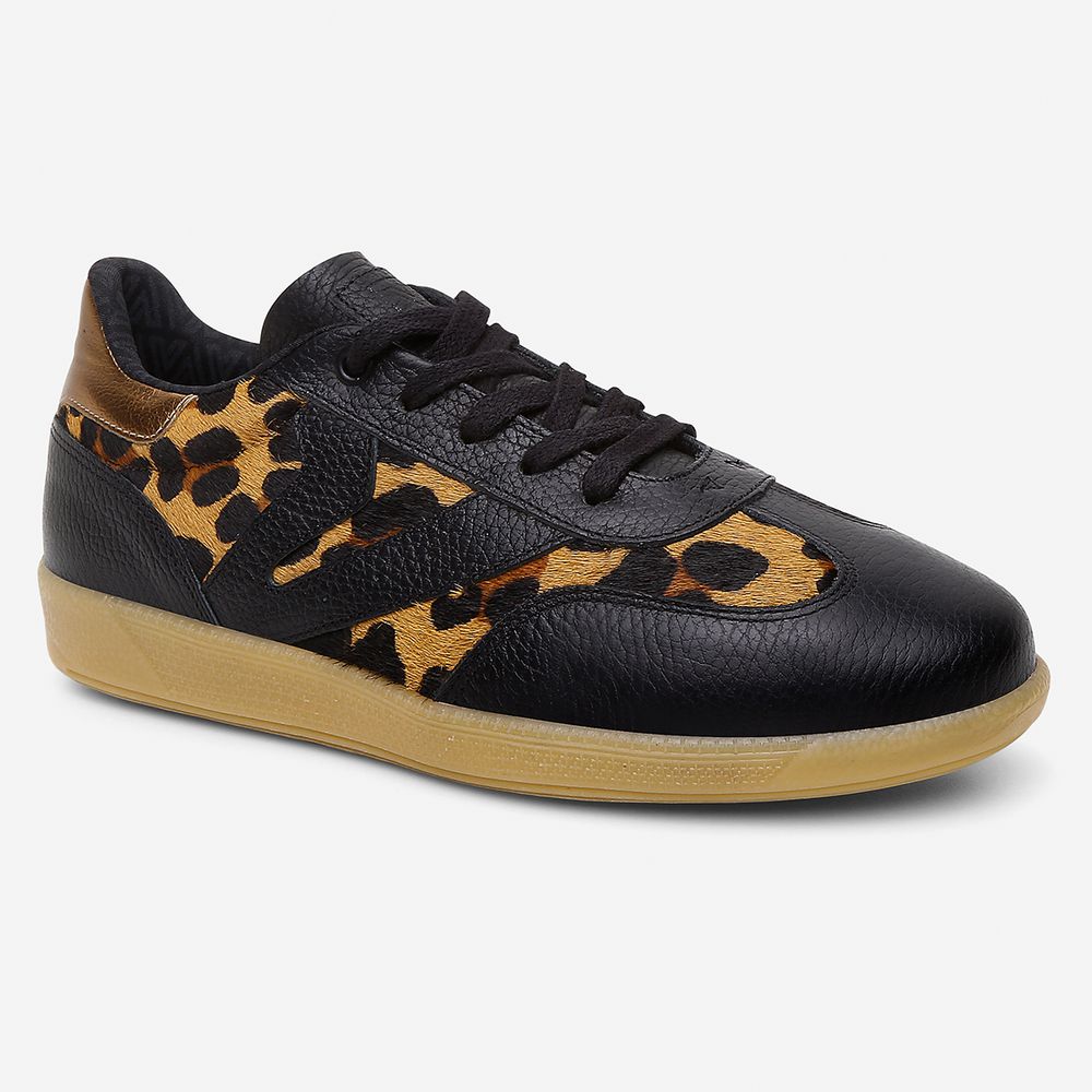 Tênis Feminino Em Couro Vittal Estela Preto e Leopardo
