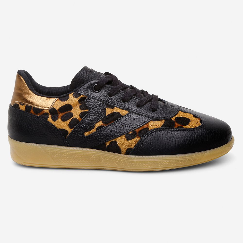 Tênis Feminino Em Couro Vittal Estela Preto e Leopardo