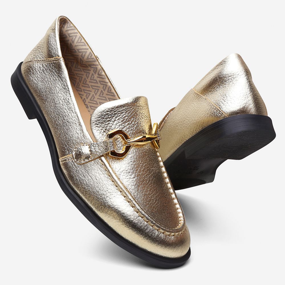 Mocassim Feminino Vittal Mara em Couro Legítimo Ouro com Fivela Dourada