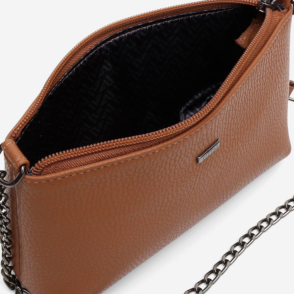 Bolsa Feminina Vittal Clutch Annelise em Couro Legitimo Caramelo Alça Corrente