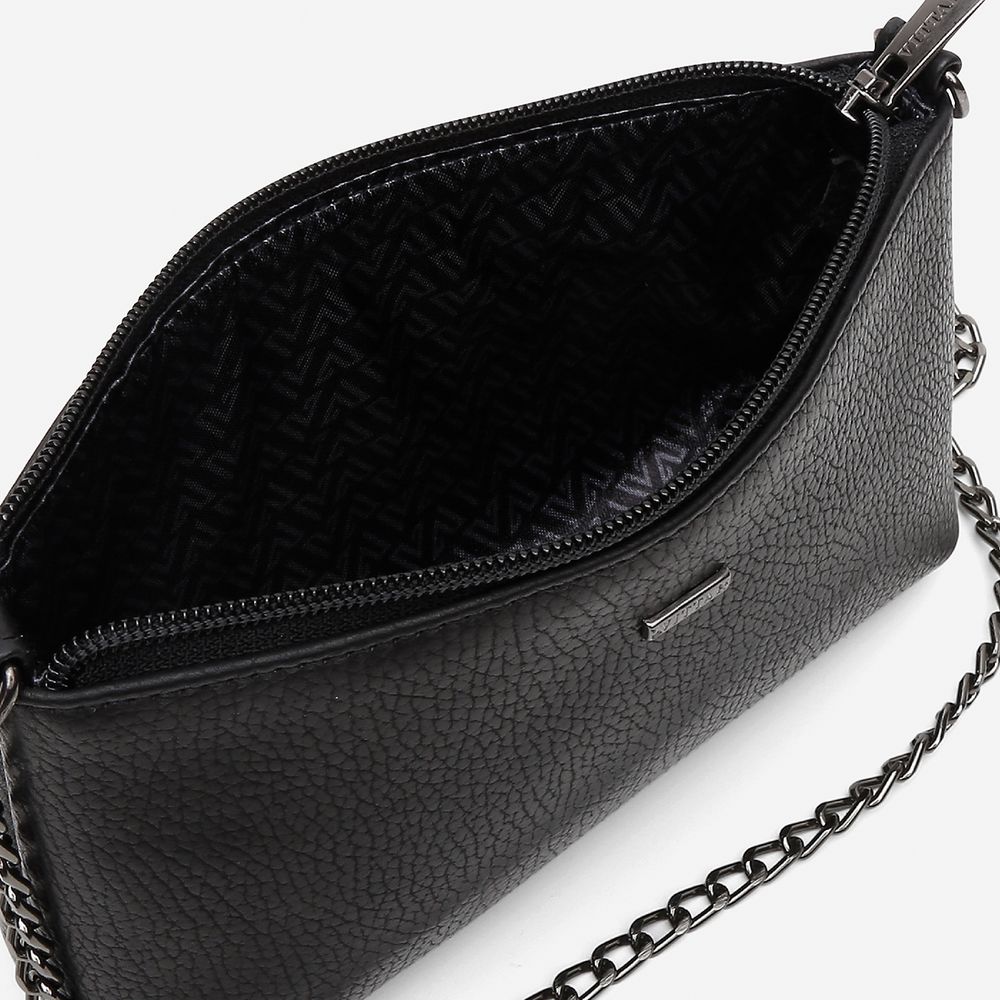Bolsa Feminina Vittal Clutch Annelise em Couro Legitimo Preto Alça Corrente 