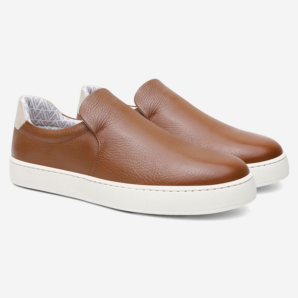 Tênis Masculino Slip On Casual Vittal em Couro Caramelo