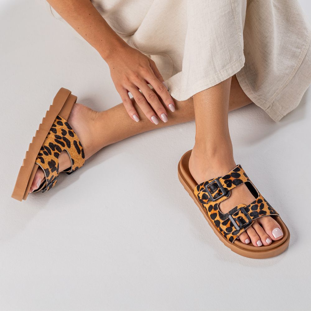 Sandália Papete Vittal Natalie em Couro Legitimo Leopardo e Caramelo