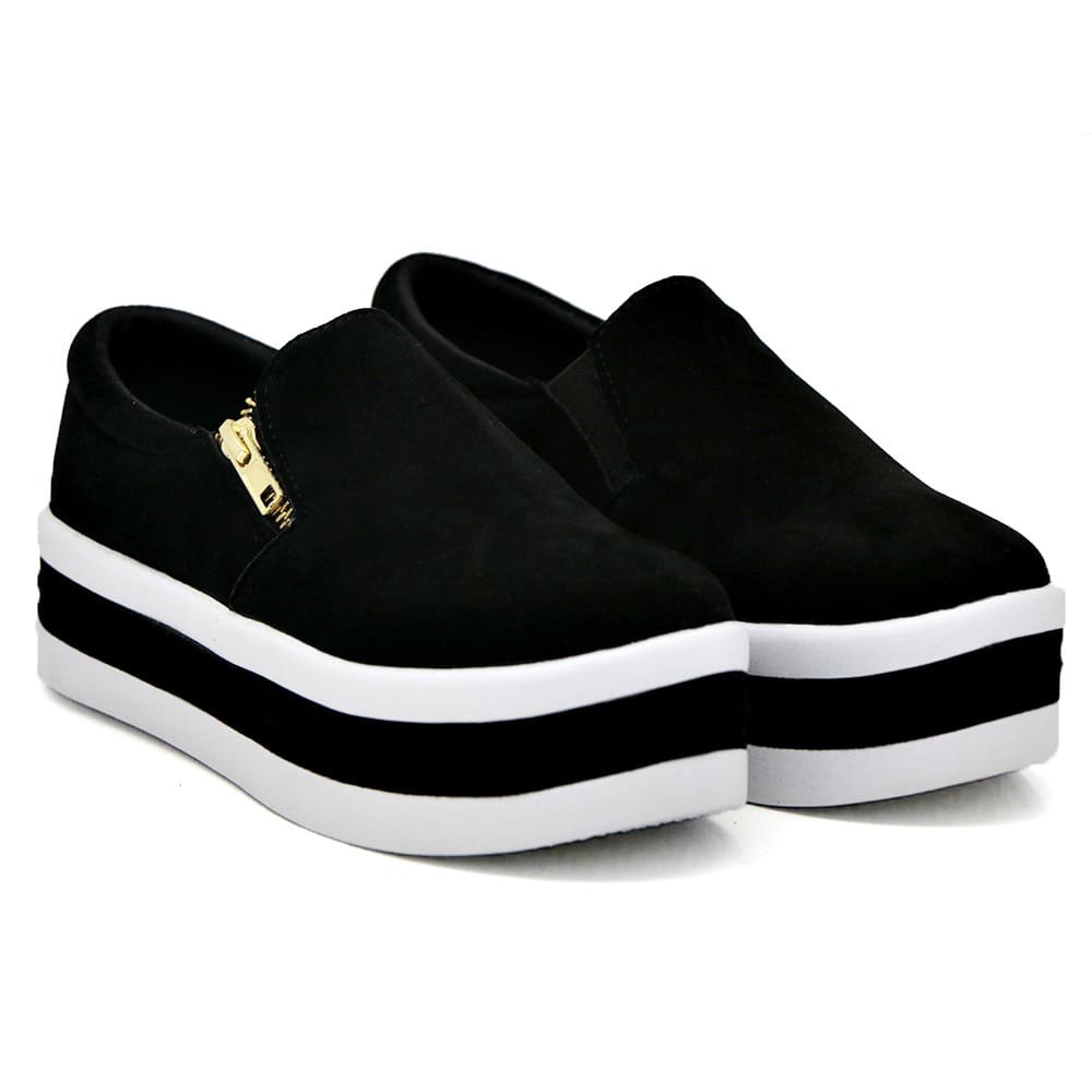 Slip On Feminino Preto Sola Alta Tênis Plataforma Com Zíper Macio | GuGi