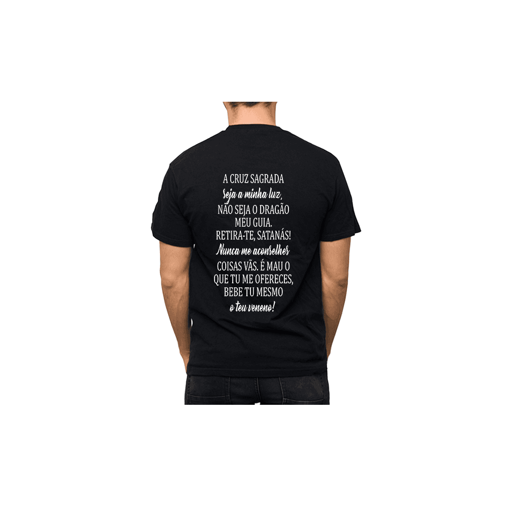 Oração São Bento A Cruz Sagrada - Camiseta Preta - CAMISETAS DA FÉ