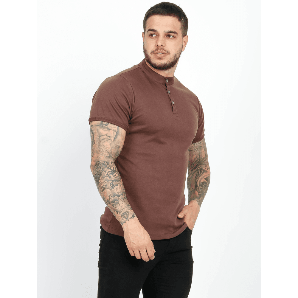 Camiseta Masculina Henley Gola Padre Marrom Suedine Slim Fit