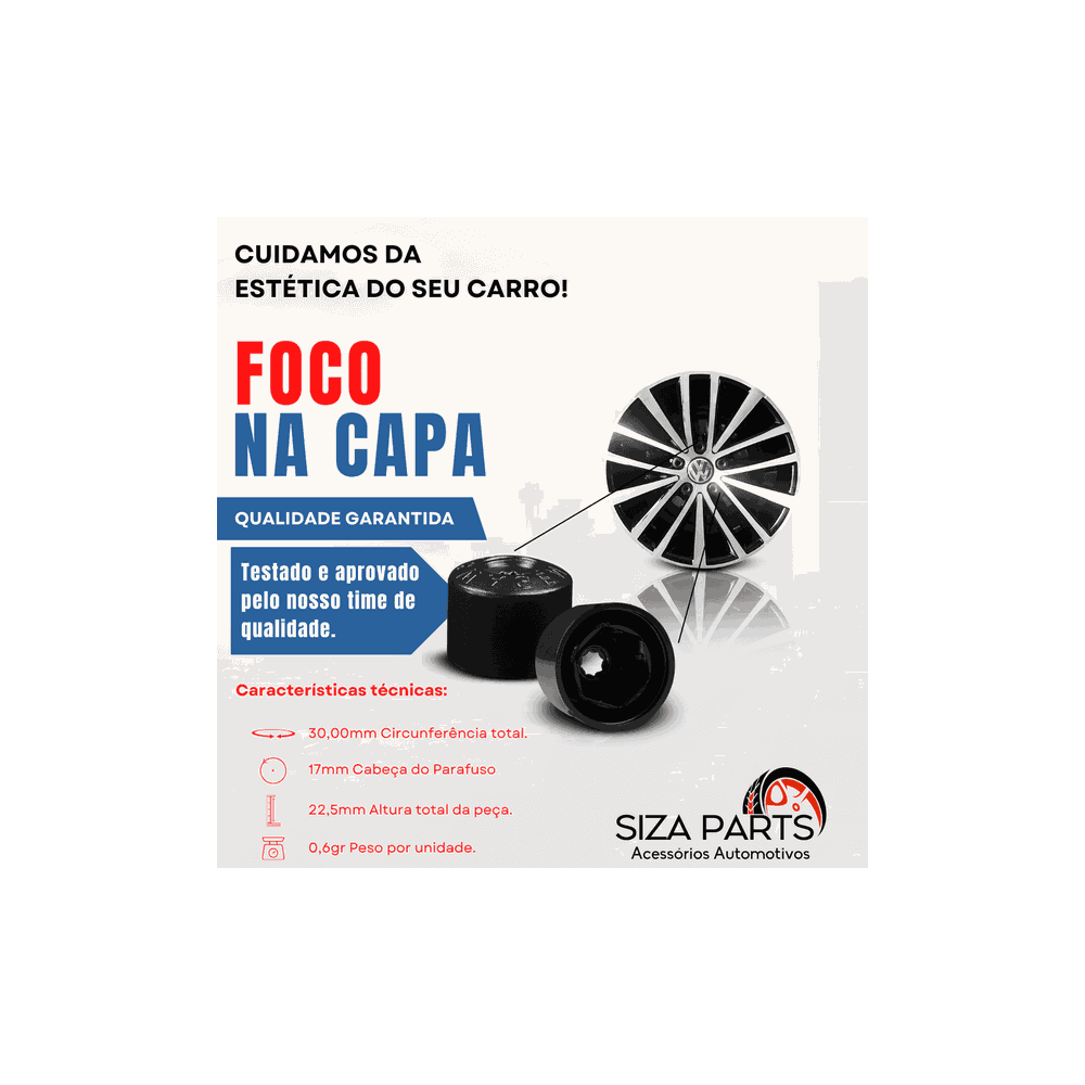 Kit 20 Capas de Parafuso 17mm VW Preto + Chave – Acabamento e Proteção