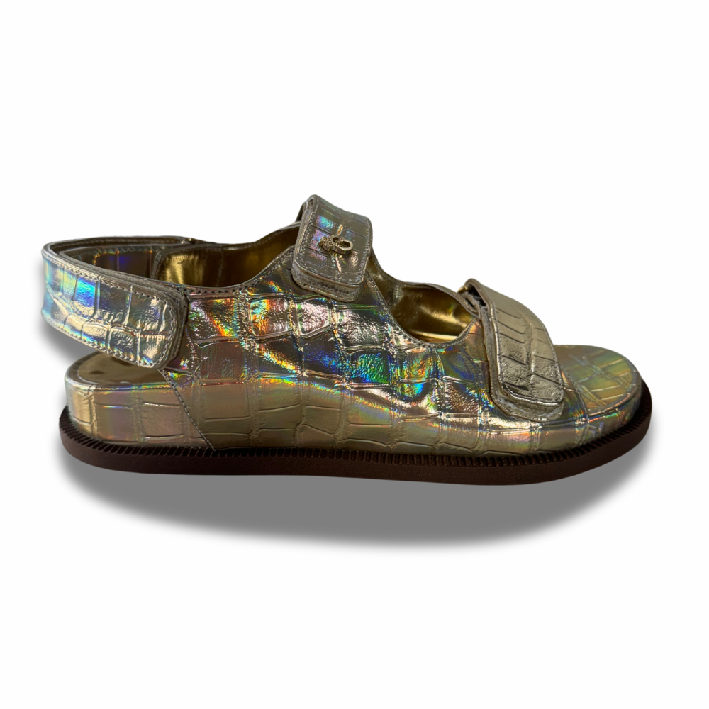Sandália Papete Croco Holográfico Ouro Feminina Gats