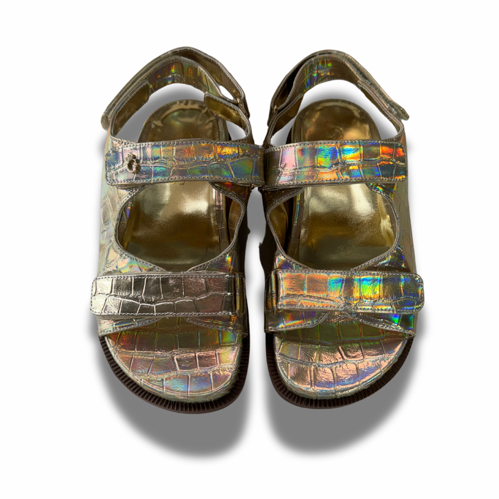 Sandália Papete Croco Holográfico Ouro Feminina Gats