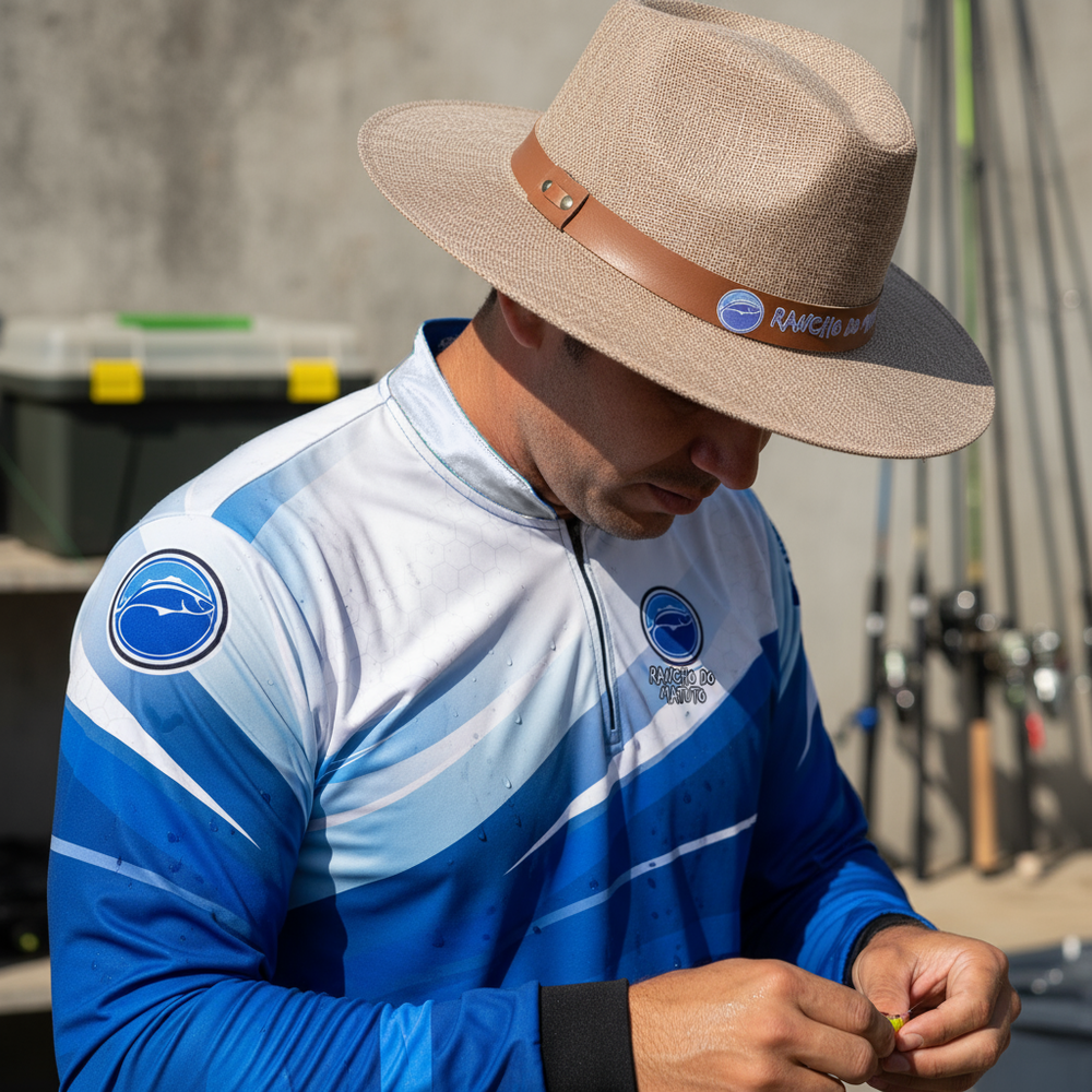 Camisa de Pesca Masculina Oficial Rancho do Matuto Proteção UV +50 Branco Azul - Branco/Azul