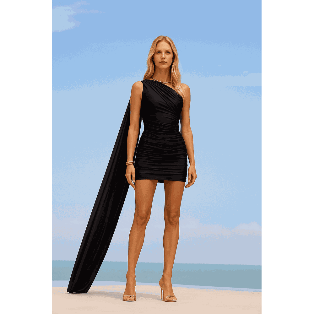 VESTIDO CURTO PRETO DRAPEADO OMBRO ÚNICO - Le Preppy