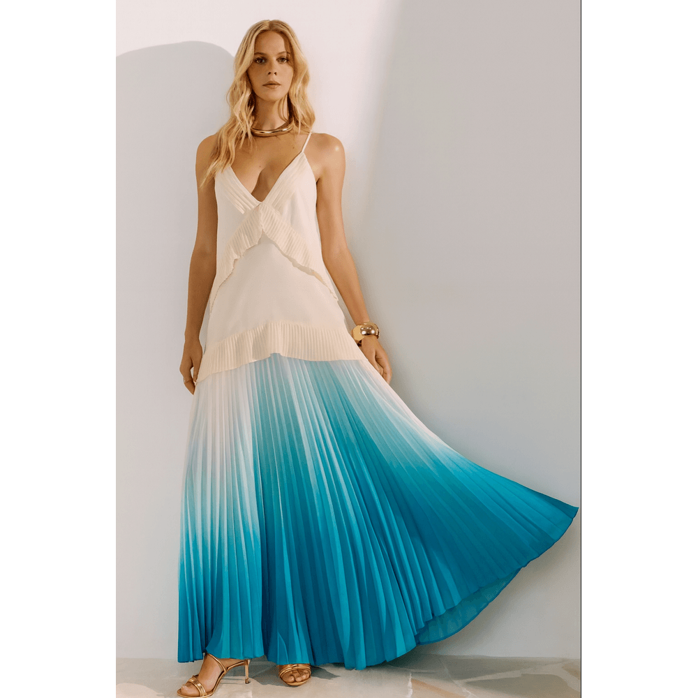 VESTIDO LONGO PLISSADO AZUL E BRANCO - Le Preppy