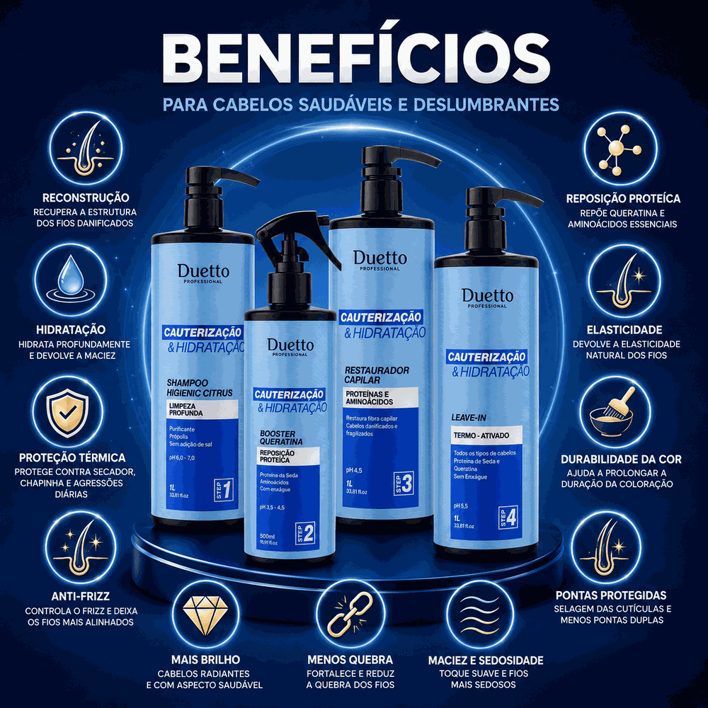 Kit Cauterização E Hidratação Duetto Professional Reconstrução Capilar Profissional com Queratina, Hidratação Profunda e Recuperação de Cabelos Danificados
