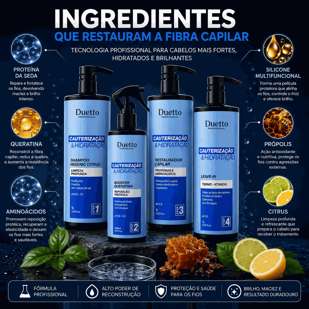 Kit Cauterização E Hidratação Duetto Professional Reconstrução Capilar Profissional com Queratina, Hidratação Profunda e Recuperação de Cabelos Danificados