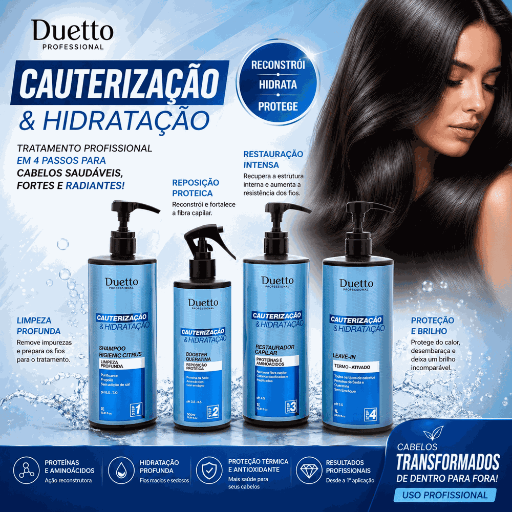 Kit Cauterização E Hidratação Duetto Professional Reconstrução Capilar Profissional com Queratina, Hidratação Profunda e Recuperação de Cabelos Danificados