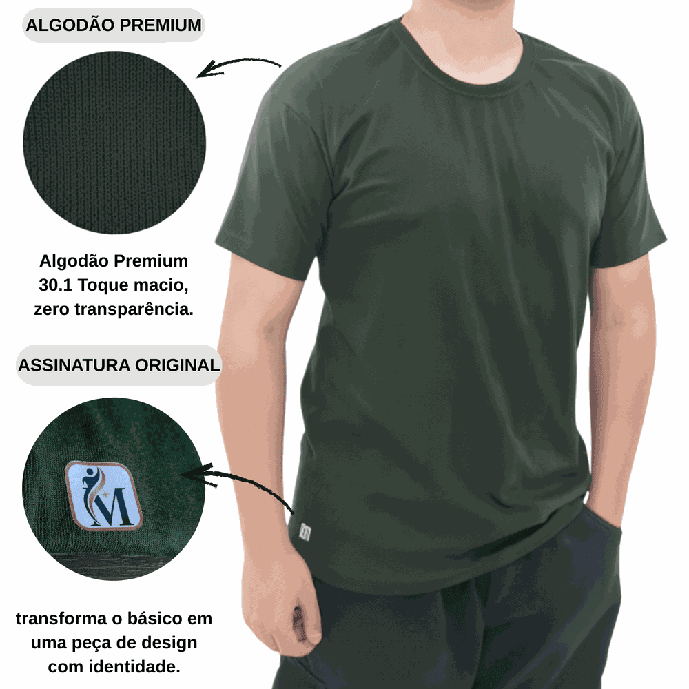 Camiseta Verde Musgo Lisa Unissex - 100% Algodão -... - MUNDO IMPAR