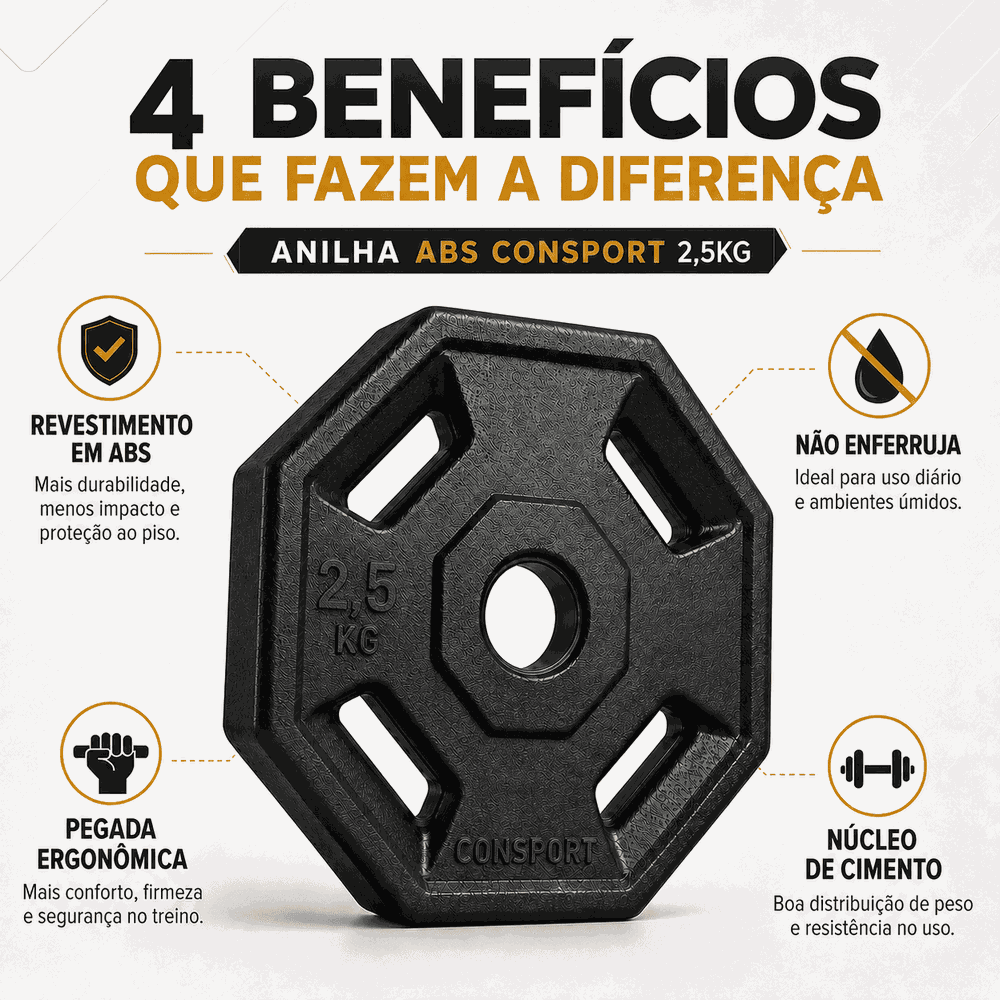 8 Anilhas 2,5kg Consport Revestida em ABS Peso Academia Treino Musculação