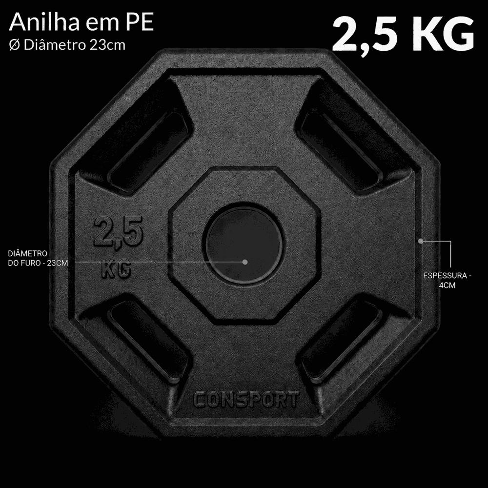 8 Anilhas 2,5kg Consport Revestida em ABS Peso Academia Treino Musculação