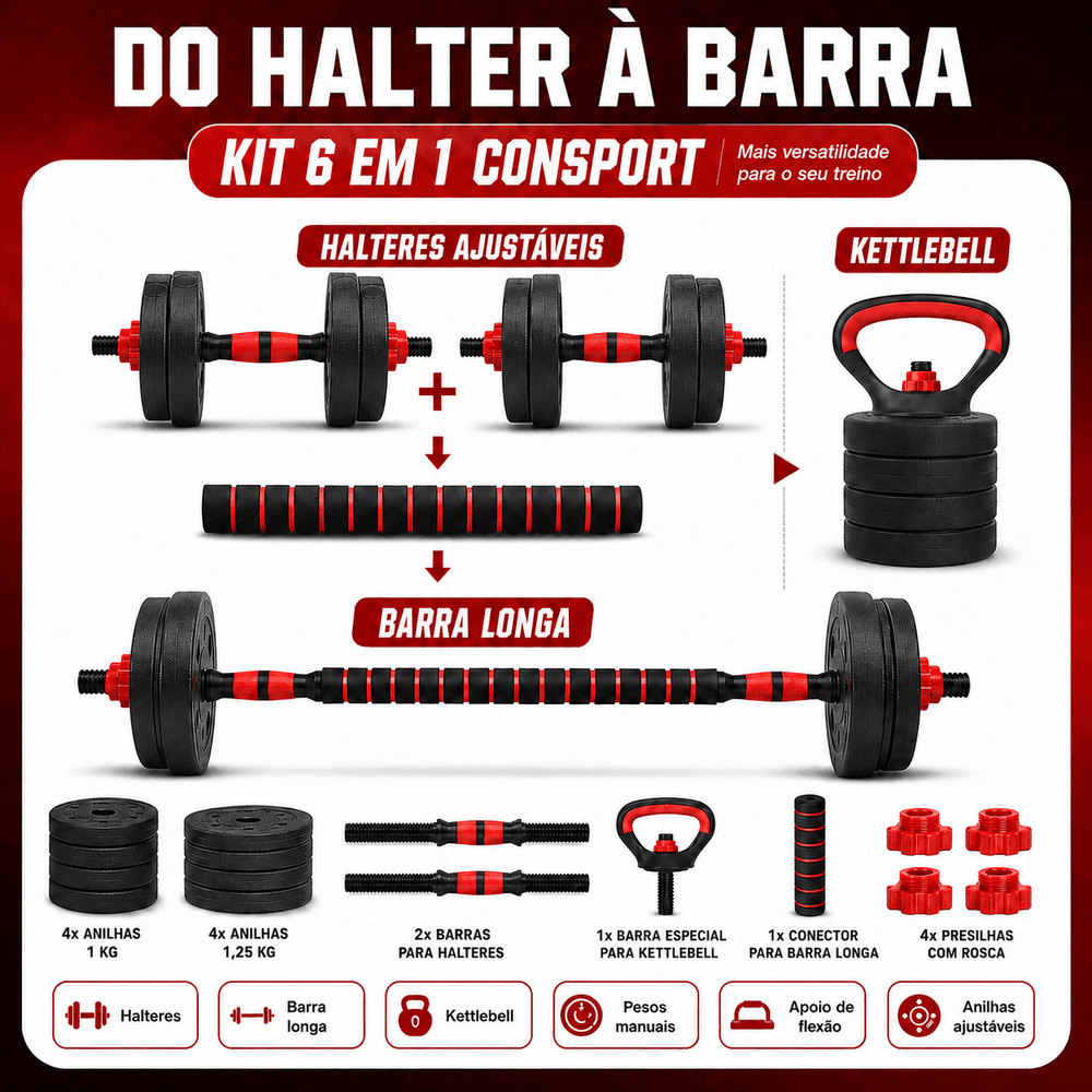 Kit Halteres Barra Anilha Peso Ajustável Dumbbells, Barras e Kettlebell Para Musculação - 6 Em 1 Consport