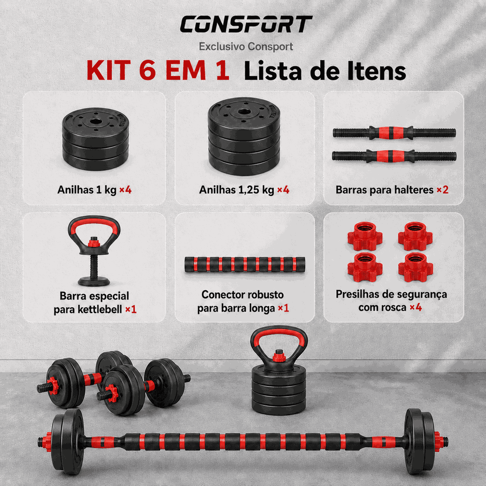Kit Halteres Barra Anilha Peso Ajustável Dumbbells, Barras e Kettlebell Para Musculação - 6 Em 1 Consport